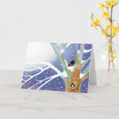 冬の童話 - 鳥を歌うクロウタドリと小人 カード (黄色い花)