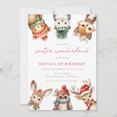 冬の素晴らしいウッドランド動物の誕生日パーティー 招待状 (正面)