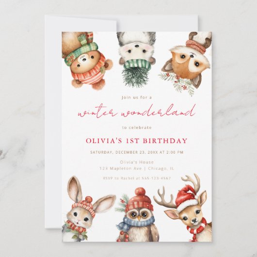 冬の素晴らしいウッドランド動物の誕生日パーティー 招待状 (正面)
