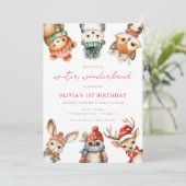 冬の素晴らしいウッドランド動物の誕生日パーティー 招待状 (スタンド正面)