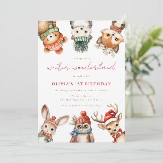 冬の素晴らしいウッドランド動物の誕生日パーティー 招待状 (スタンド正面)