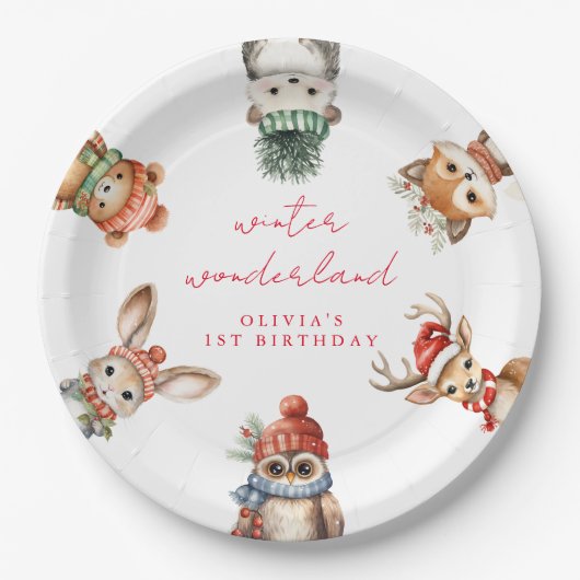 冬の素晴らしい森のクリスマスの誕生日 ペーパープレート (正面)