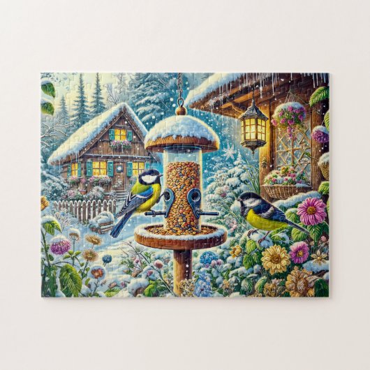 冬の素晴らし給餌場で2羽のティットの鳥 ジグソーパズル (横)