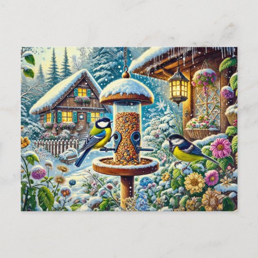 冬の素晴らし給餌場で2羽のティットの鳥 ポストカード (正面)
