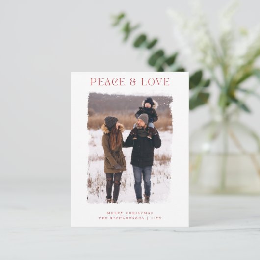 冬の素朴あいさつ家族の写真クリスマス ポストカード (スタンド正面)