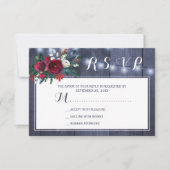 冬の素朴なネイビーとバーガンディの花の結婚式 出欠カード (正面)