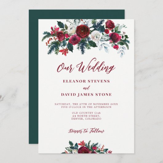冬の素朴なバーガンディグリーン花モチーフの結婚式 招待状 (正面/裏面)