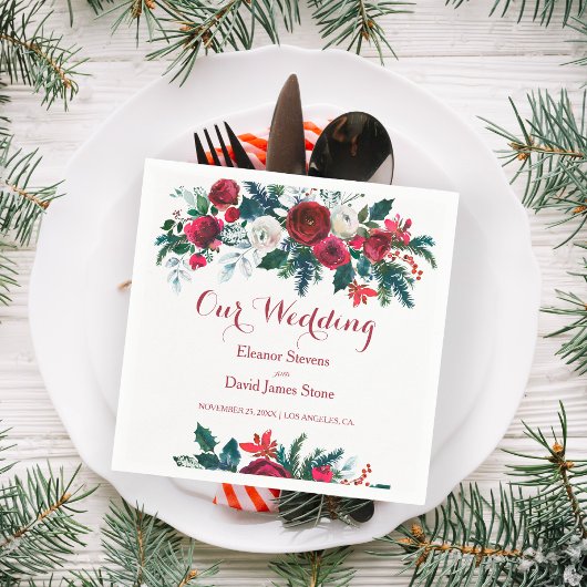 冬の素朴なブルゴーニュの松の緑の結婚フローラ スタンダードカクテルナプキン