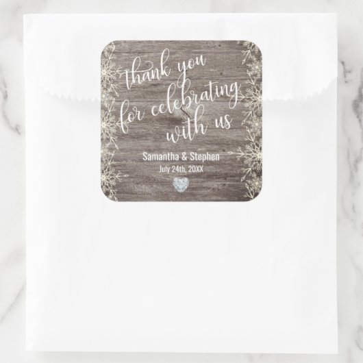 冬の素朴な木製のハートは結婚式感謝していしています スクエアシール (バッグ)