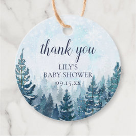 冬の素朴な松の木の森のベビーシャワー フェイバータグ