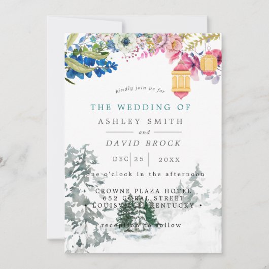 冬の素朴な松の木の植物ランプ ウェディング 招待状 (正面)