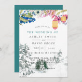 冬の素朴な松の木の植物ランプ ウェディング 招待状 (正面/裏面)