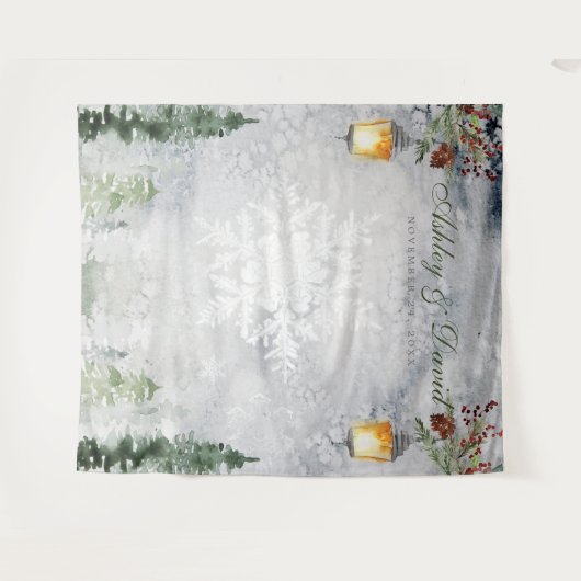 冬の素朴な松の木 ランタンのウェディング フォト タペストリー (正面(横))