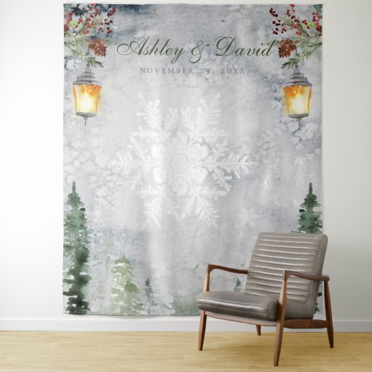 冬の素朴な松の木 ランタンのウェディング フォト タペストリー (インサイチュ)