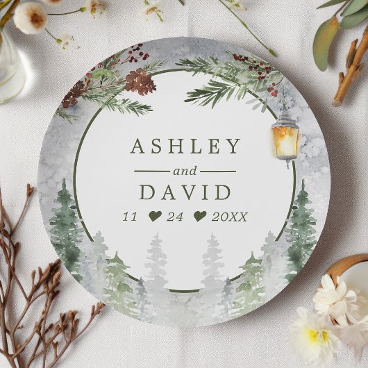 冬の素朴な松の木 ランタンの植物学的な結婚式 ペーパープレート