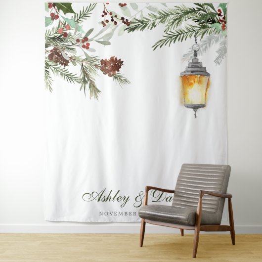 冬の素朴な松の木 ランタンの結婚式写真 タペストリー (インサイチュ)