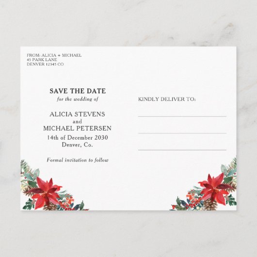 冬の素朴な植物結婚式は日付を除く 案内ポストカード (裏面)