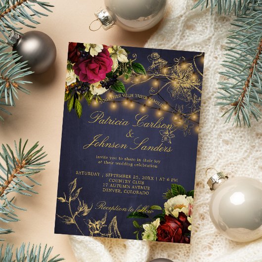 冬の素朴な照明フローラバーグンディ結婚ズ 招待状