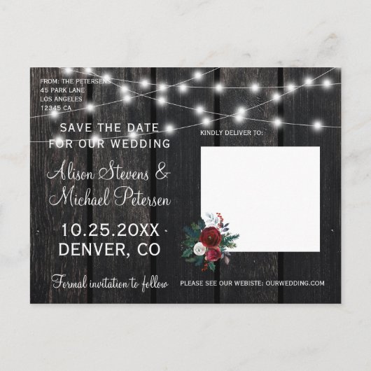 冬の素朴な納屋の救木の写真結婚date's 案内ポストカード (裏面)