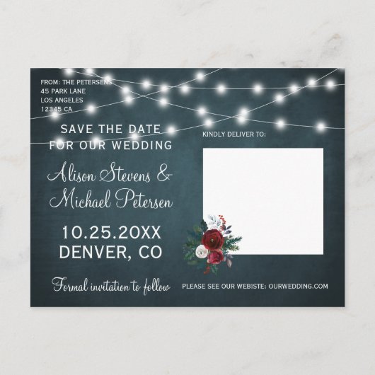 冬の素朴な軽い救列の写真結婚日付 案内ポストカード (裏面)