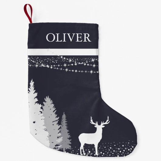 冬の素朴ウッドランドディアモノグラパーソナライズされたム スモールクリスマスストッキング (正面)