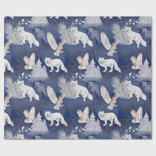 冬の素朴キツネ&フクロウのクリスマスプレゼント ラッピングペーパー (フラット)