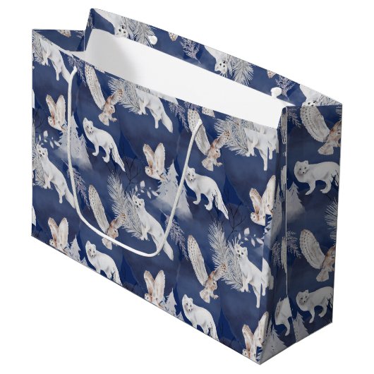 冬の素朴キツネ&フクロウのクリスマスプレゼント ラージペーパーバッグ (正面アングル)