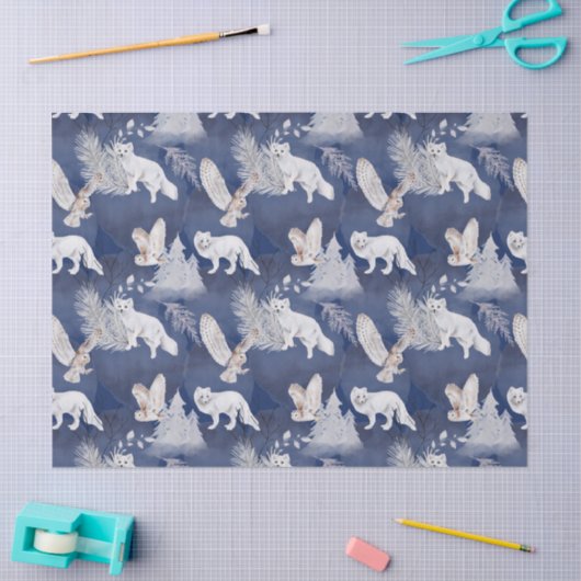 冬の素朴キツネ&フクロウのクリスマスプレゼント 薄葉紙 (クラフト)