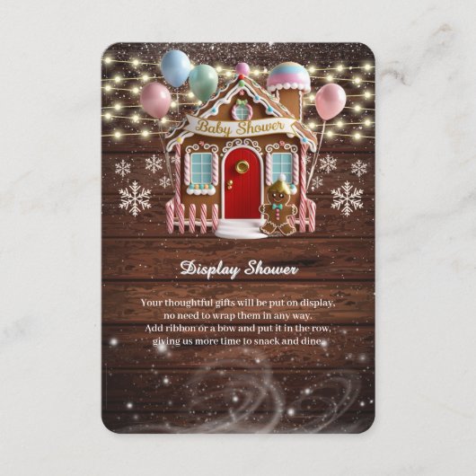 冬の素朴ギンガーブレッドハウスベビーシャワー エンクロージャーカード (正面)