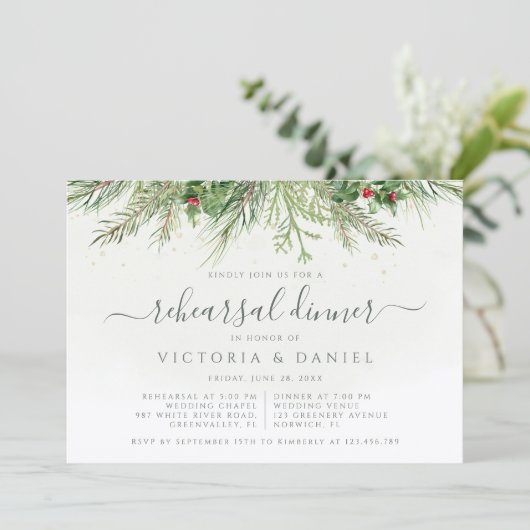 冬の素朴グリーンリーベリーリハーサルディナー 招待状 (スタンド正面)