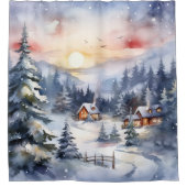 冬の素朴シーン煙突煙の雪の木 シャワーカーテン (正面)