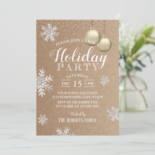 冬の素朴スノーフレークスホリデーパーティクラフト 招待状 (スタンド正面)