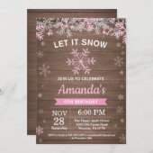 冬の素朴スノーフレークピンクシルバーガール誕生日 招待状 (正面/裏面)
