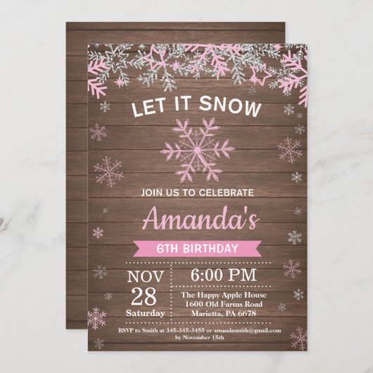 冬の素朴スノーフレークピンクシルバーガール誕生日 招待状 (正面/裏面)