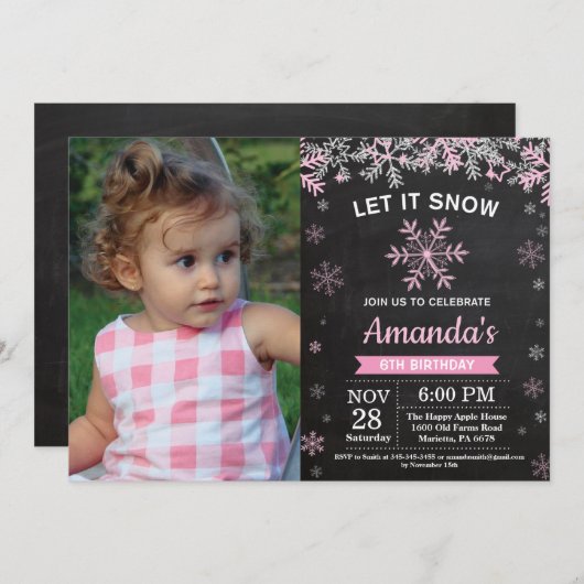 冬の素朴スノーフレークピンクシルバーガール誕生日 招待状 (正面/裏面)