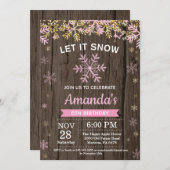 冬の素朴スノーフレークピンク金ゴールドガール誕生日 招待状 (正面/裏面)