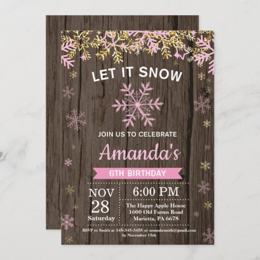 冬の素朴スノーフレークピンク金ゴールドガール誕生日 招待状 (正面/裏面)