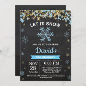 冬の素朴スノーフレークブルーと金ゴールドボーイ誕生日 招待状 (正面/裏面)