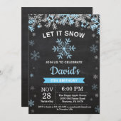 冬の素朴スノーフレークブルーシルバーボーイ誕生日 招待状 (正面/裏面)