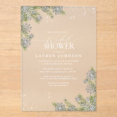 冬の素朴スノーフレークブループレイドブライダルシャワー アクリル招待状 (正面)