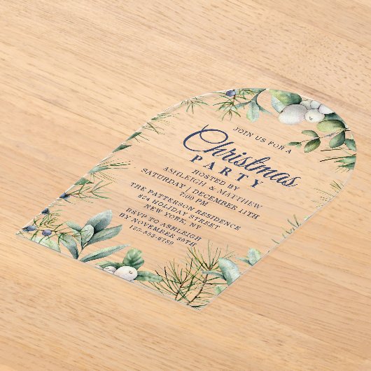 冬の素朴フローラクリスマスパーティー アクリル招待状 (レイダウン)