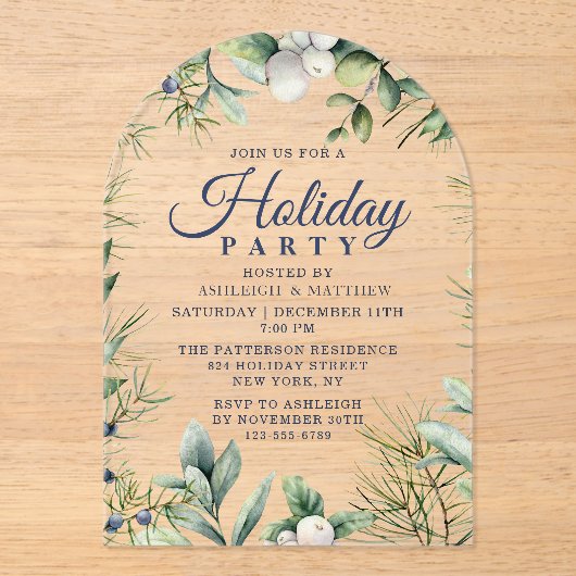 冬の素朴フローラクリスマスホリデー アクリル招待状 (正面)