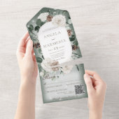 冬の素朴フローラグリーンスパークルQRコード オールインワン招待状 (貼ってはがせる)