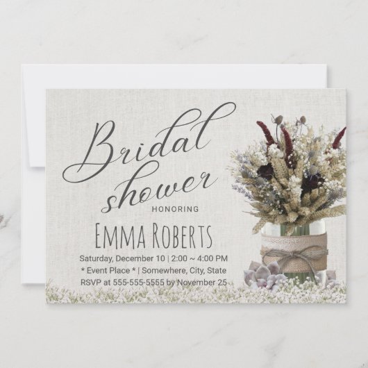 冬の素朴フローラジャールリネンブライダルシャワー 招待状 (正面)
