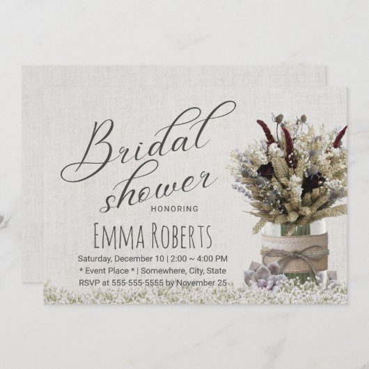 冬の素朴フローラジャールリネンブライダルシャワー 招待状 (正面/裏面)