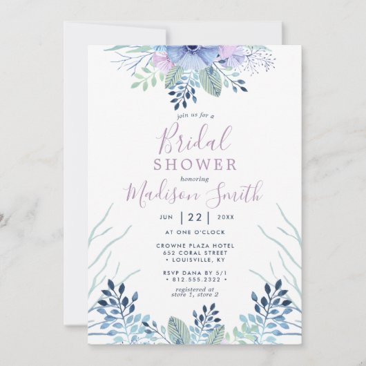 冬の素朴フローラネイビー水彩ブライダルシャワー 招待状 (正面)