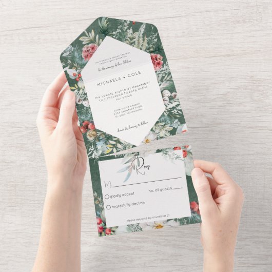 冬の素朴フローラパインエメラルドノディナー オールインワン招待状 (貼ってはがせる)