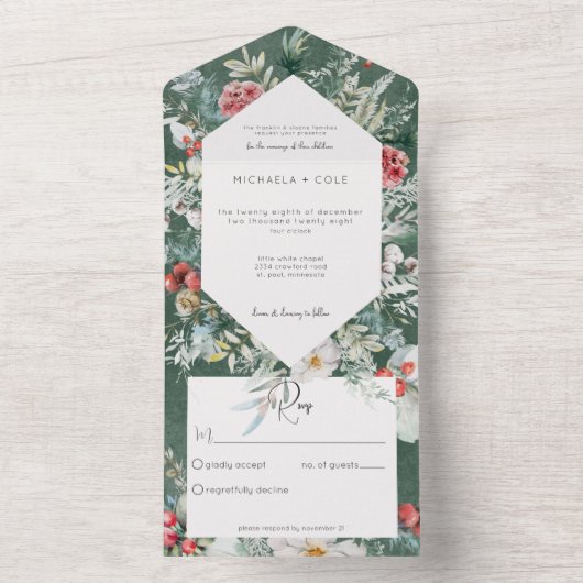 冬の素朴フローラパインエメラルドノディナー オールインワン招待状 (内側)