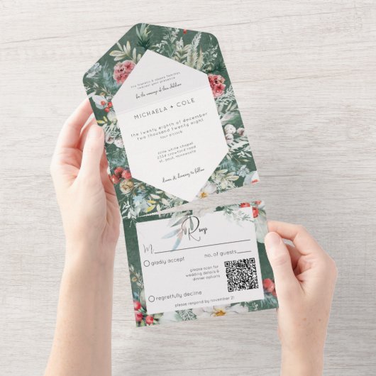 冬の素朴フローラパインエメラルドQRコード オールインワン招待状 (貼ってはがせる)