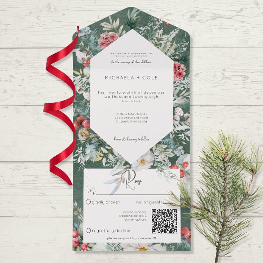 冬の素朴フローラパインエメラルドQRコード オールインワン招待状